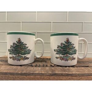 Spode Christmas Tree Mugs Set of 2 England S3324-A Green Rim Holiday Coffee Cups